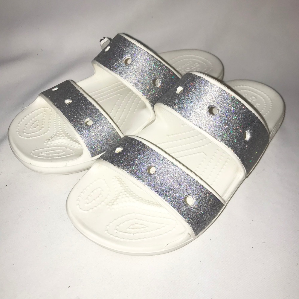 Crocs Classic Glitter Sandals Silver Strap Slides Womens 7 Mens 5 Comfort Summer - Picture 2 of 13
